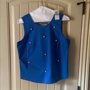 Neiman Marcus Blue Sleeveless Blouse with Pearl Accents
